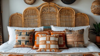 Aufkleber - Vintage rattan headboard bed featuring warm-colored decorative cushions in a cozy room with natural decor elements, soft lighting, and greenery.