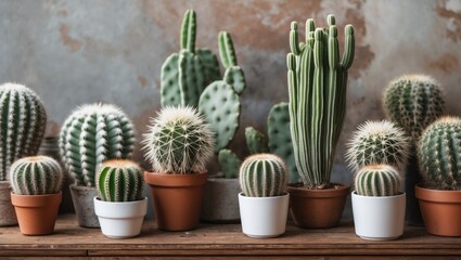 Aufkleber - Assorted cacti in terracotta and white pots arranged on a rustic wooden shelf against a textured beige wall in natural lighting
