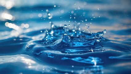 Poster - Vibrant blue water surface with dynamic splashes and droplets capturing light reflections in a serene aquatic scene.