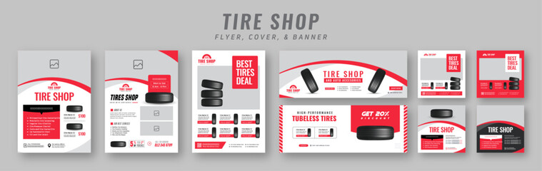 Wall Mural - tire shop flyer and banner bundle | car service promotion catalog | auto repair advertising template