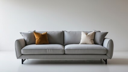 Aufkleber - Stylish grey contemporary sofa with two cushions positioned centered on a clean white background showcasing modern interior design elements