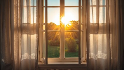 Leinwandbilder - Sunlight streaming through sheer white curtains of an open window, illuminating a serene garden with vibrant green hues under a clear blue sky.