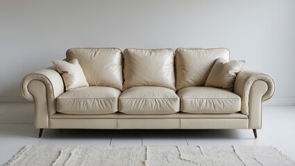 Aufkleber - Cream leather sofa with plush cushions centered in a minimalist white space, accented by a textured beige rug beneath, evoking modern elegance.