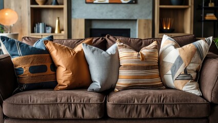 Poster - Modern living room with a brown sofa adorned with colorful decorative pillows in shades of blue, orange, and grey, highlighting contemporary decor elements.