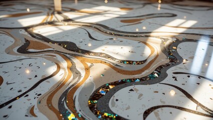 Leinwandbilder - Abstract terrazzo floor design featuring swirling patterns in cream, brown, and black hues with bright colorful flecks illuminated by soft light.