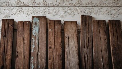 Poster - Antique cracked brown wooden planks arranged horizontally against a faded white vintage wallpaper texture creating a rustic and weathered look.