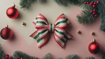 Aufkleber - Festive red and green striped Christmas bow centered on a soft pastel background with gold ornaments and lush evergreen branches surrounding it.