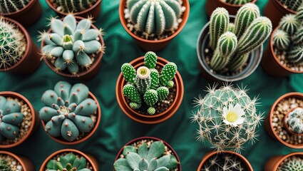 Aufkleber - Top view of assorted green cactus plants in terracotta pots on a green textured background. Various shapes and sizes create a natural indoor garden aesthetic.