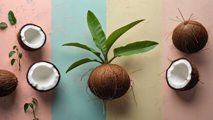 Aufkleber - Coconut seedlings with green leaves on a pastel pink and blue background with cut coconuts arranged artistically showcasing natural textures.