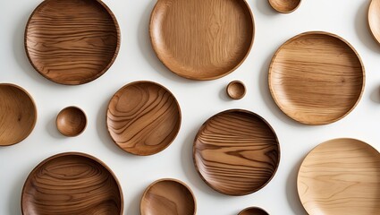 Aufkleber - Wooden plates and saucers arranged in varying sizes on a bright white background showcasing natural wood grain patterns and warm tones.