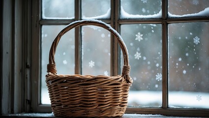 Leinwandbilder - Wicker basket positioned left in window frame adorned with snowflakes on glass, soft natural light creating a serene winter ambiance.