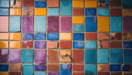 Aufkleber - Vibrant mosaic tile floor showcasing a mix of purple, blue, yellow, and orange squares in a geometric pattern ideal for backgrounds and designs