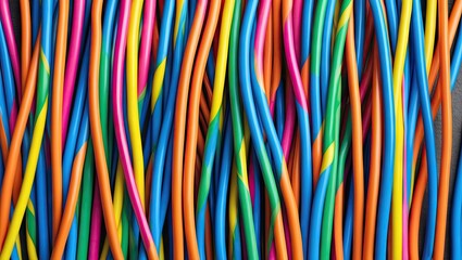 Fototapete - Vibrant multicolored wires in blue, pink, yellow, and green layered densely with white space on the right for text or design placements.