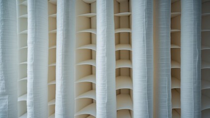 Poster - Close-up view of elegant white lamella curtains showcasing textured fabric with soft shadows and smooth folds on a light background.