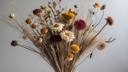 Leinwandbilder - Colorful dried flower bouquet featuring soft yellow, deep red, and white blooms arranged with grasses on a light gray background.