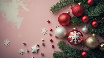 Poster - Christmas decoration with red and white ornaments, pastel pink background, and pine branches positioned in the top right corner.