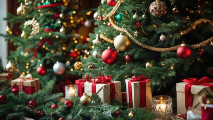 Aufkleber - Festive Christmas scene featuring two lush green trees adorned with red and gold ornaments, surrounded by colorful wrapped presents and warm candles.