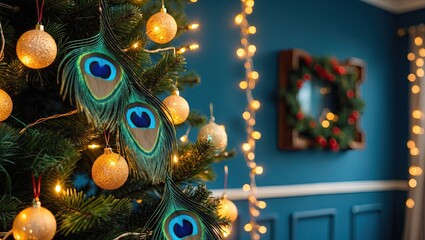Aufkleber - Elegant peacock-themed Christmas tree adorned with golden ornaments and warm fairy lights against a rich teal wall and festive wreath decor.