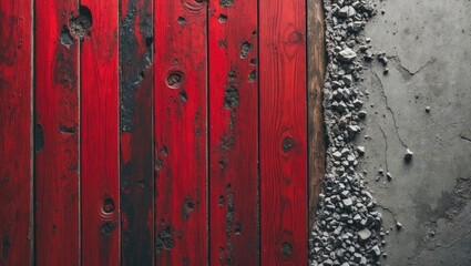 Poster - Red lacquered wooden planks on the left contrast against the textured raw cement and small gravel stones on the right creating a modern rustic backdrop.