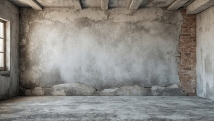 Aufkleber - Vintage unpainted cement wall backdrop featuring textured gray hues with exposed bricks on the right side, ideal for graphic design and wallpapers.