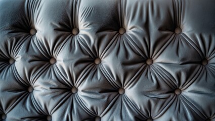 Poster - Grey velour Chesterfield-style quilted upholstery background with intricate button detailing and soft folds, showcasing depth and texture elegantly.