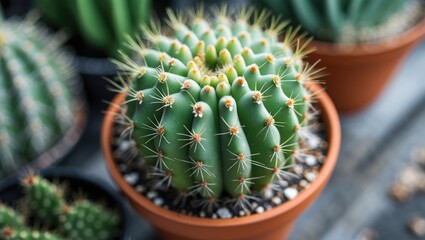 Aufkleber - Detailed close-up of a green spiky cactus planted in terracotta pot centered on a wooden surface with blurred background showcasing more cacti