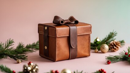 Aufkleber - Elegant brown leather gift box with a dark strap and bow centered on a soft pastel background, surrounded by festive pine branches and ornaments.