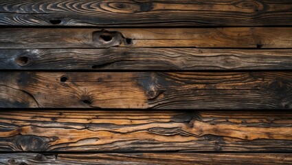 Poster - Dark brown weathered wooden planks with rich textures and natural knots, arranged horizontally, ideal for backgrounds or rustic designs