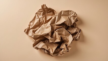 Fototapete - Brown crumpled paper on a soft pastel beige background with intricate folds and textures positioned centrally for a minimalist aesthetic.