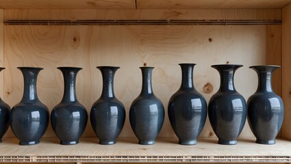 Poster - Dark ceramic vases in a linear arrangement on a light plywood shelf showcasing a modern aesthetic and minimalist design with soft shadows.