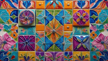 Aufkleber - Vibrant ceramic tile wall art featuring intricate floral patterns in blue, orange, and green arranged in a harmonious mosaic design.