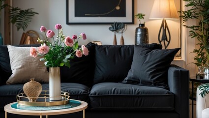 Aufkleber - Elegant living room with a black sofa adorned with decorative pillows, a vase of pink flowers on a round table, and soft lighting accents.