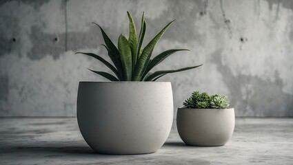 Aufkleber - Modern concrete planters with aloe and succulents in minimalist style on a textured gray concrete backdrop showcasing interior decor elements.