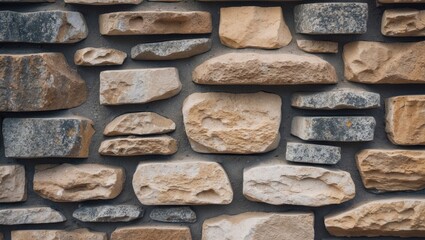 Poster - Close-up of a textured stone wall featuring a mix of beige and gray stones arranged in a balanced, visually appealing pattern.
