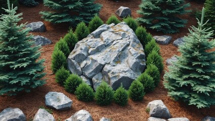 Aufkleber - Rock surrounded by lush green conifers and scattered stones on a forest floor with brown pine needles creating a natural landscape scene.