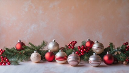 Aufkleber - Christmas baubles in red and gold with greenery and berries on a pastel pink background, arranged elegantly for a festive holiday atmosphere.