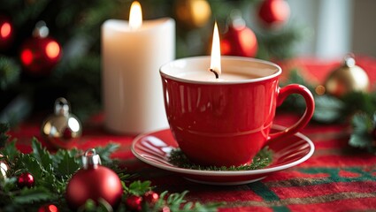 Aufkleber - Red ceramic cup on a green wreath with a burning candle on a festive red tablecloth surrounded by Christmas ornaments and greenery.