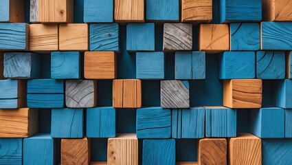 Aufkleber - Colored mosaic pattern of wooden blocks in blue and natural wood tones, tightly arranged with space for text in the center.