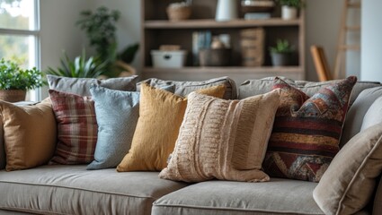 Aufkleber - Cozy couch adorned with colorful cushions in warm tones of yellow, blue, and brown, set in a stylish home interior with greenery in background.