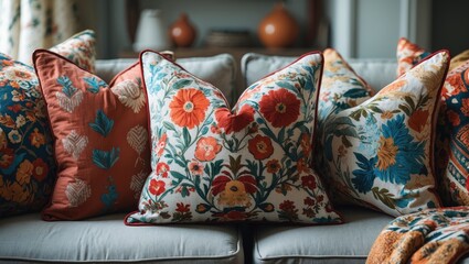 Poster - Colorful decorative throw pillows featuring floral patterns in red, blue, and orange arranged on a soft neutral gray couch in a cozy living room setting.