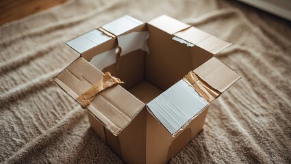 Wall Mural - close-up view of an open empty cardboard box centered on a beige carpet background with soft lightin