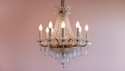 Aufkleber - Elegant crystal chandelier with warm light bulbs suspended against a soft pastel pink background, showcasing intricate design and luxurious charm.