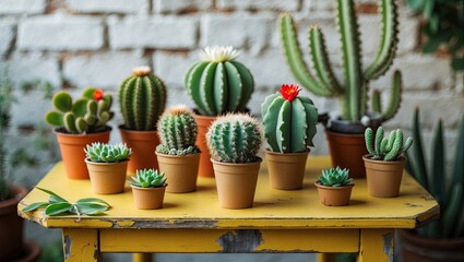 Aufkleber - Cactus and succulent plants in brown paper cups arranged on a bright yellow table against a white brick wall creating a vibrant home garden scene.