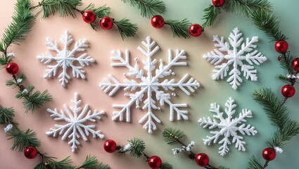 Aufkleber - Pastel background featuring white snowflakes and red ornaments arranged among green pine branches creating a festive Christmas scene.