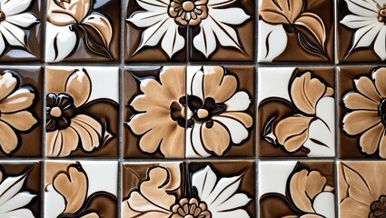 Aufkleber - Textured ceramic tiles featuring floral patterns in brown, beige, and white colors arranged in a grid, showcasing a vintage aesthetic.