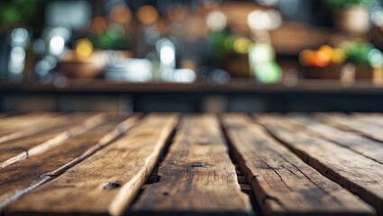 Aufkleber - Close-up view of a rustic wooden table featuring textured grain and warm brown tones with a soft focus backdrop of vibrant greenery and kitchen elements.