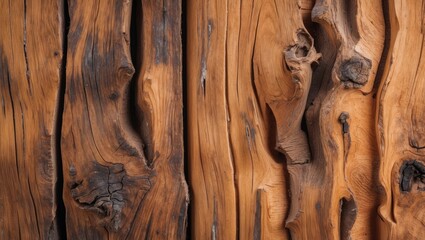 Poster - Detailed texture of aged brown wooden panels with prominent dark streaks and natural knots, arranged vertically with slight variations in hue.