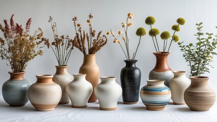 Poster - Elegant arrangement of ceramic vases in various shapes and colors with flowers on a light background featuring earthy tones and textures.