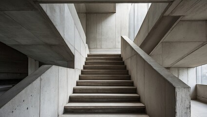 Leinwandbilder - Modern concrete stairway with sharp angles and minimalistic design, featuring grey tones and natural light illuminating the vertical space.