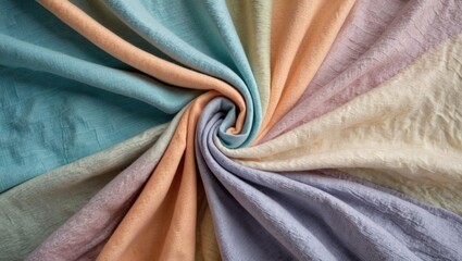 Poster - Textured fabric swirl in soft pastel colors of aqua, peach, and lavender with a closeup view highlighting the intricate details and softness.